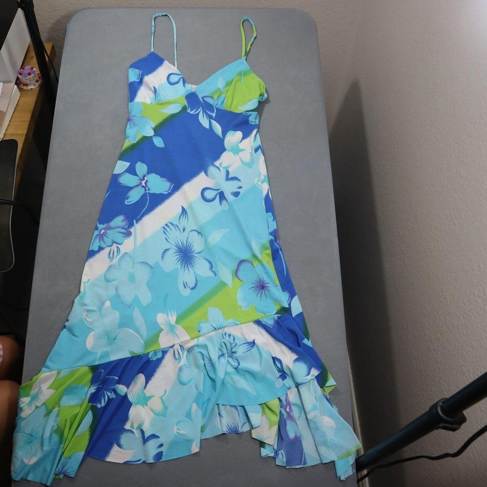 Estam USA Y2K Tropical Hibiscus Floral Slip Dress Blue Lime Asymmetric Midi
